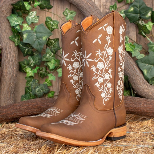 靴 Treaturself Rose embroiderywesternboots WOMENS COWGIRL Cowboy Square Toe Leather Rose Embroidered BOOTS