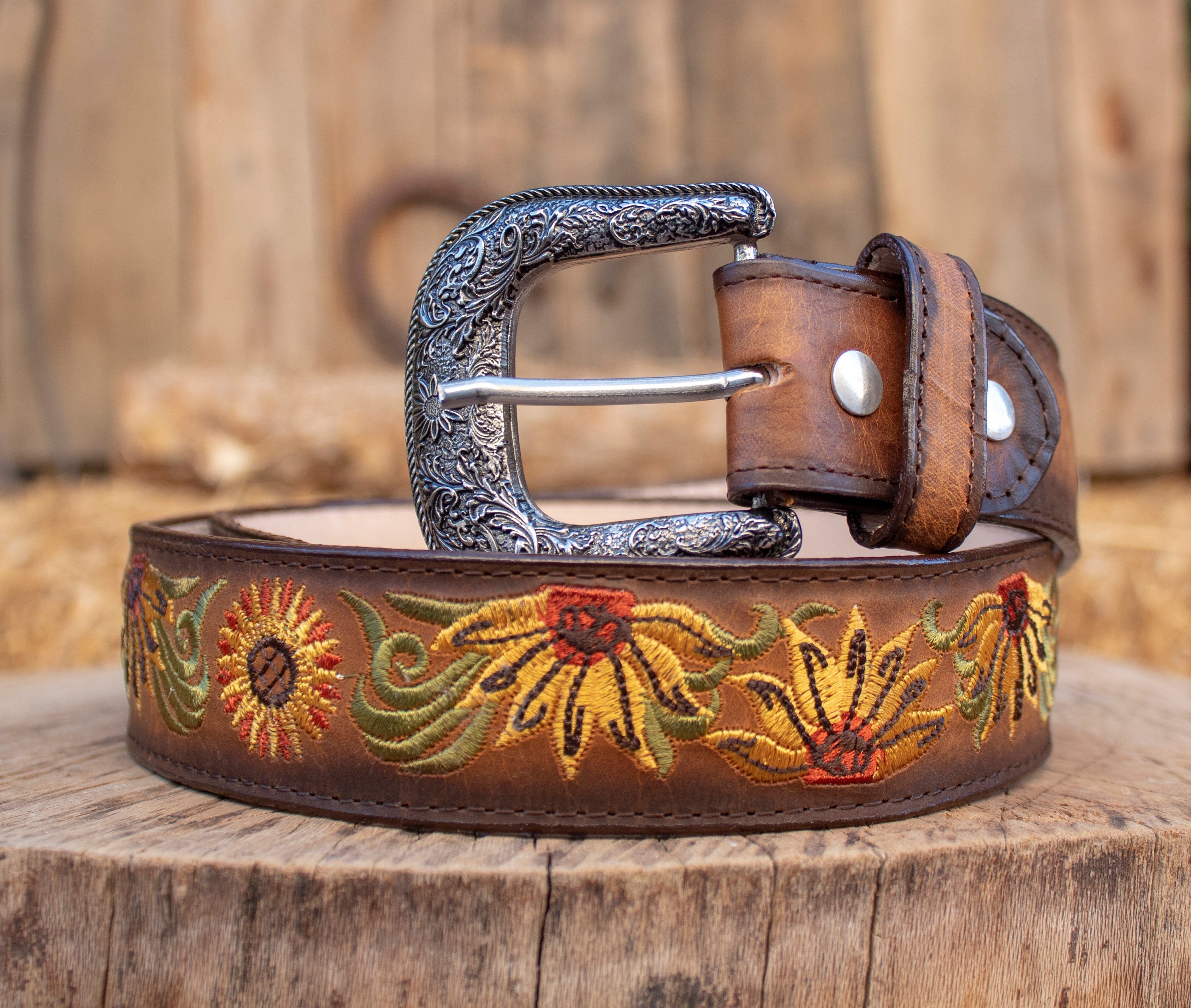 WOMENS SUNFLOWER EMBROIDERED Western Cowgirl Cowboy Leather  display picture 1