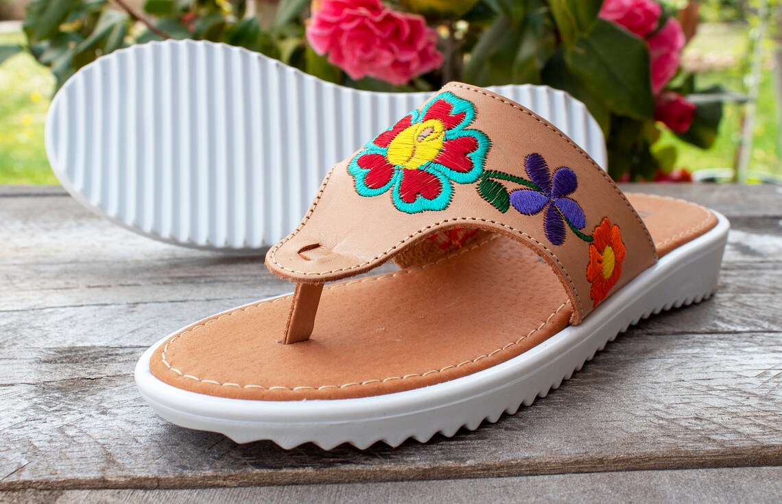 WOMENS EMBROIDERED Leather Slip on Mexican SANDALS Etsy