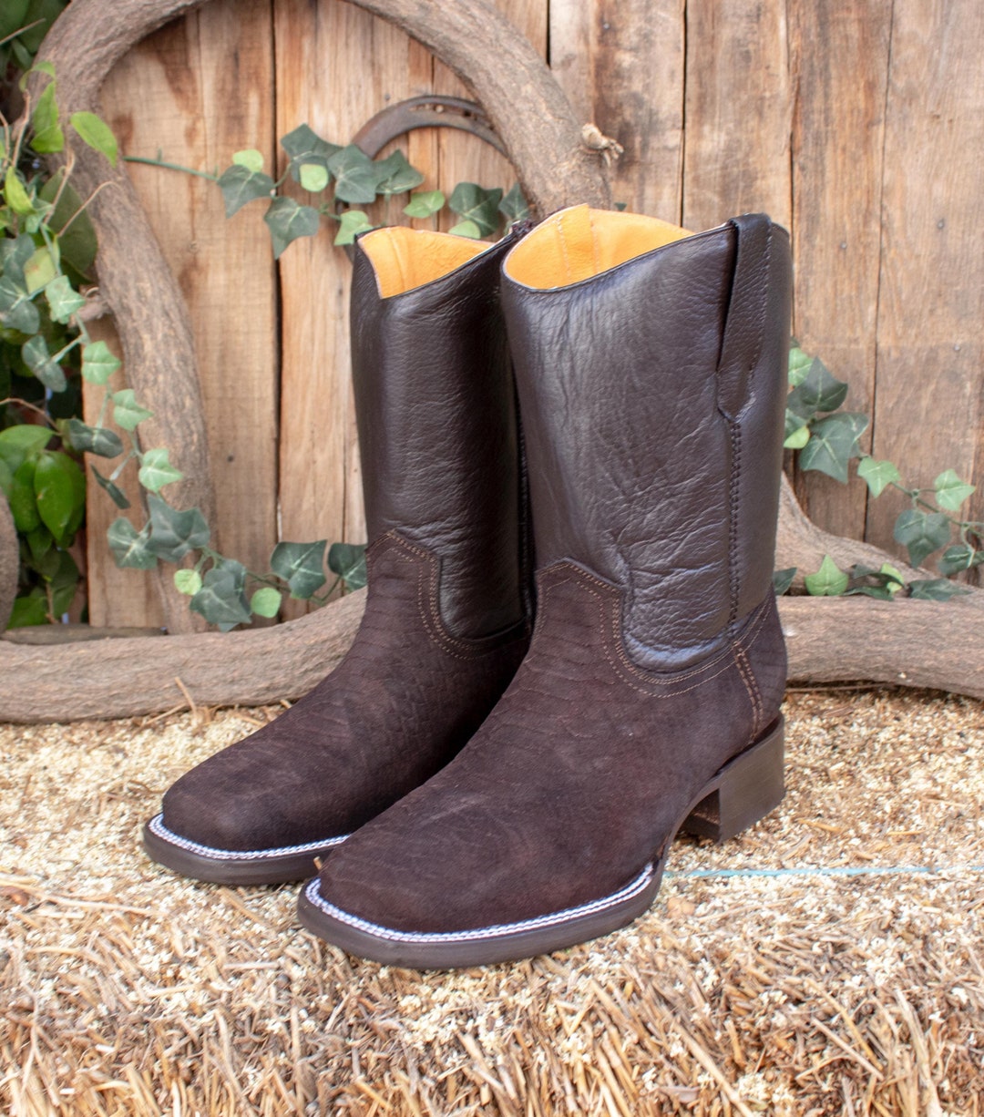 MENS Dark Brown PYTHON Snake Faux Leather Suede Square Toe Cowboy ...