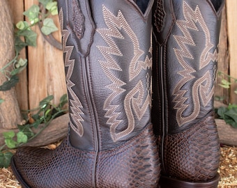 MENS Brown PYTHON Snake Faux Leather Pointed Toe Cowboy Western