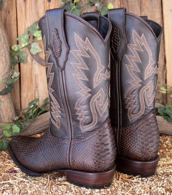 MENS Brown PYTHON Snake Faux Leather Pointed Toe Cowboy Western