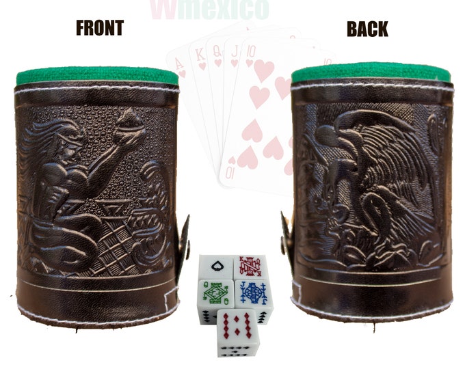 Traditional Mexican POKER DICE CUP Game Leather Engraved Aztec Print