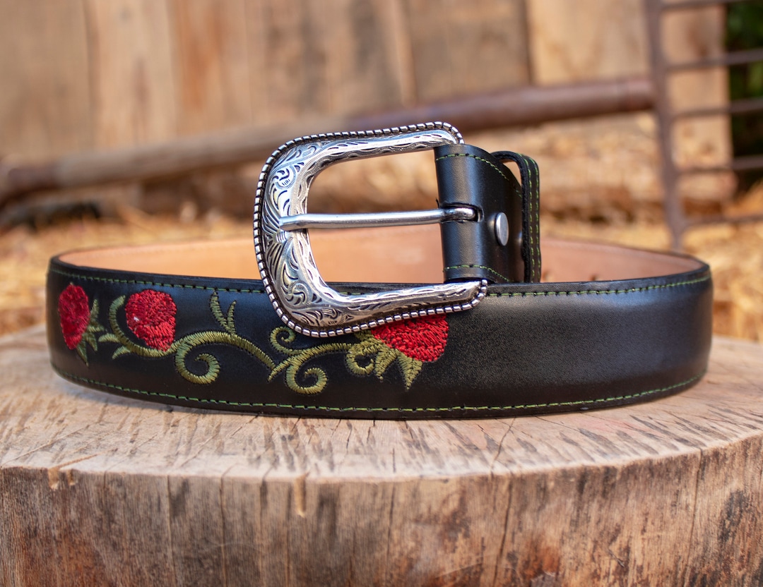 WOMENS ROSE EMBROIDERED Western Cowgirl Cowboy Leather Belt - Etsy