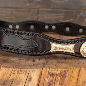 Mens LEATHER CONCHO WESTERN cowboy rodeo black belt image 4
