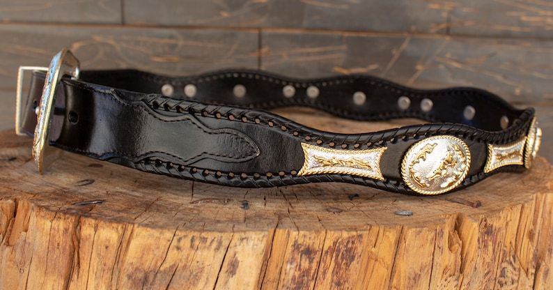 Mens LEATHER CONCHO WESTERN cowboy rodeo black belt image 4