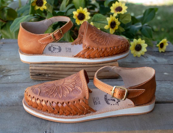 WOMENS SUNFLOWER STAMPED Brown Leather Shoe Huarache Mexican