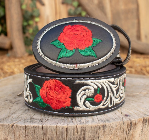 WOMENS ROSE EMBROIDERED Western Cowgirl Cowboy Leather Belt WOMENS ROSE EMBROIDERED Western Cowgirl Cowboy Leather Belt