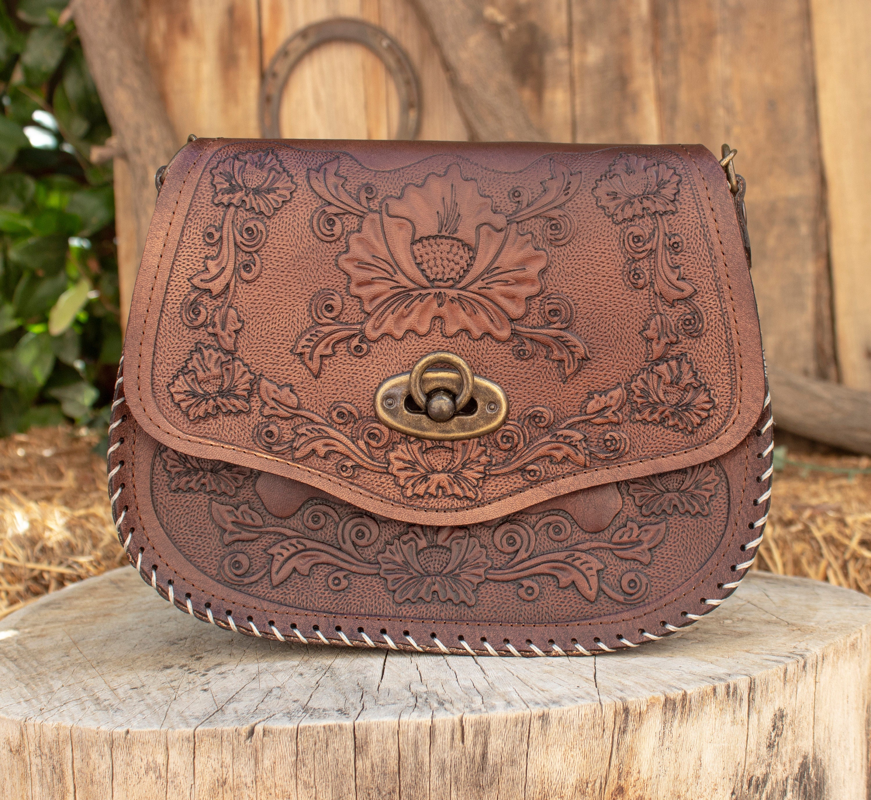 Rust Hand Tooled Top Handled Mexican Leather Purse