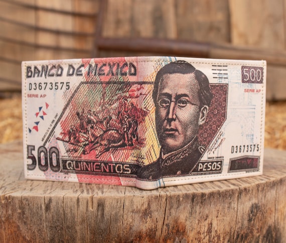 メキシコ 500 ペソ紙幣 メキシコレザー レーザープリント 二つ折り財布