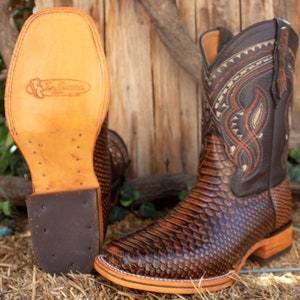 MENS Honey Brown PYTHON Snake Faux Leather Square Toe Cowboy Western ...