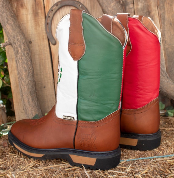 MENS Authentic LEATHER Mexico Flag Eagle Embroidered Western Cowboy Square Toe WORK Boots Etsy