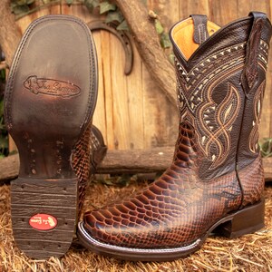 MENS Brown PYTHON Snake Faux Leather Square Toe Cowboy Western Rodeo ...