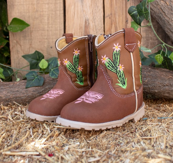 Girls BABY CACTUS Flower EMBROIDERED Round Toe Leather Cowgirl