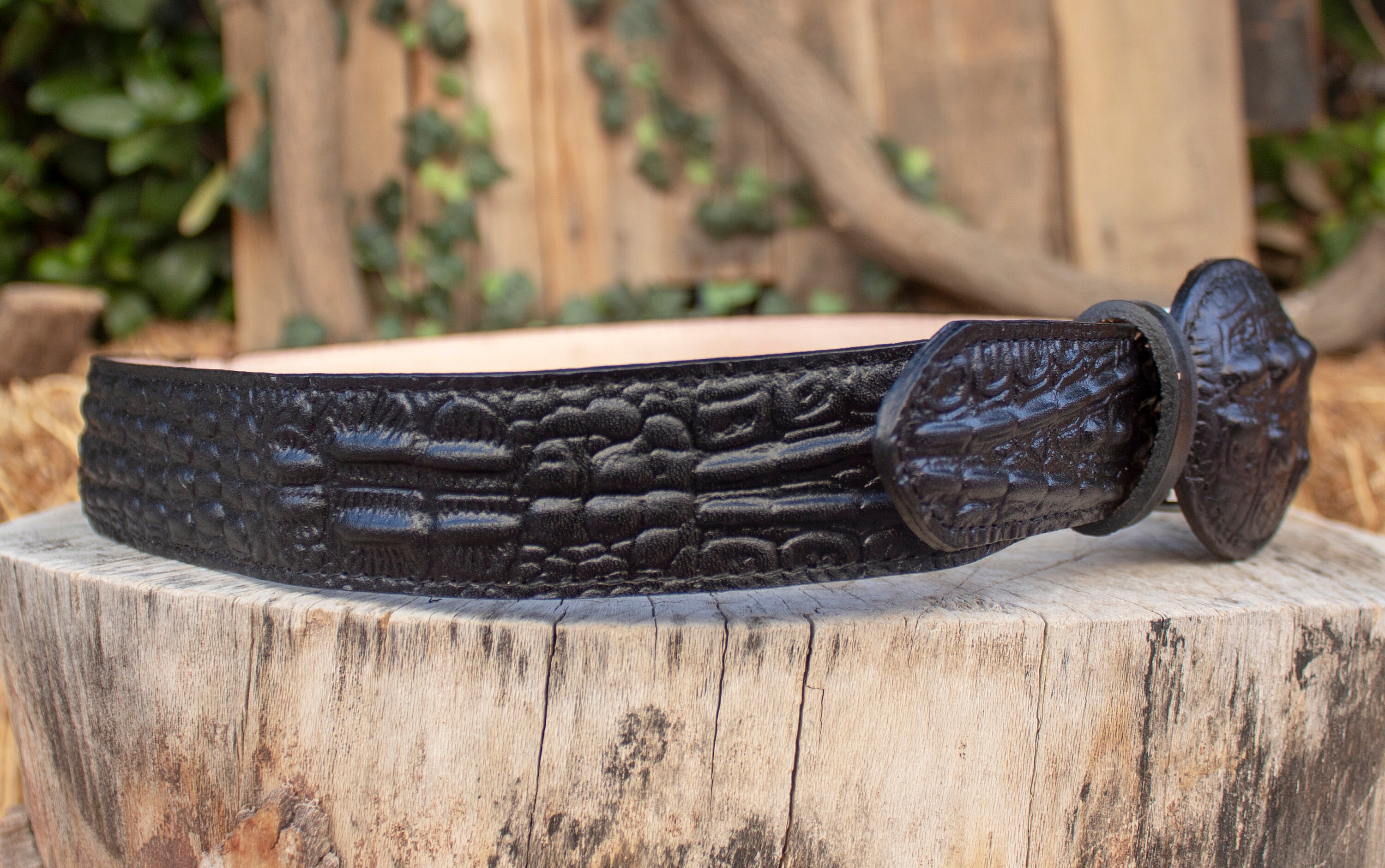 Vintage Black Faux Croc Silver‎ Link Chain Belt Western Rodeo Festival Glam 32 Black Western-style faux leather belt with double chains main image 2
