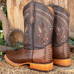 MENS Honey Brown PYTHON Snake Faux Leather Square Toe Cowboy Western ...
