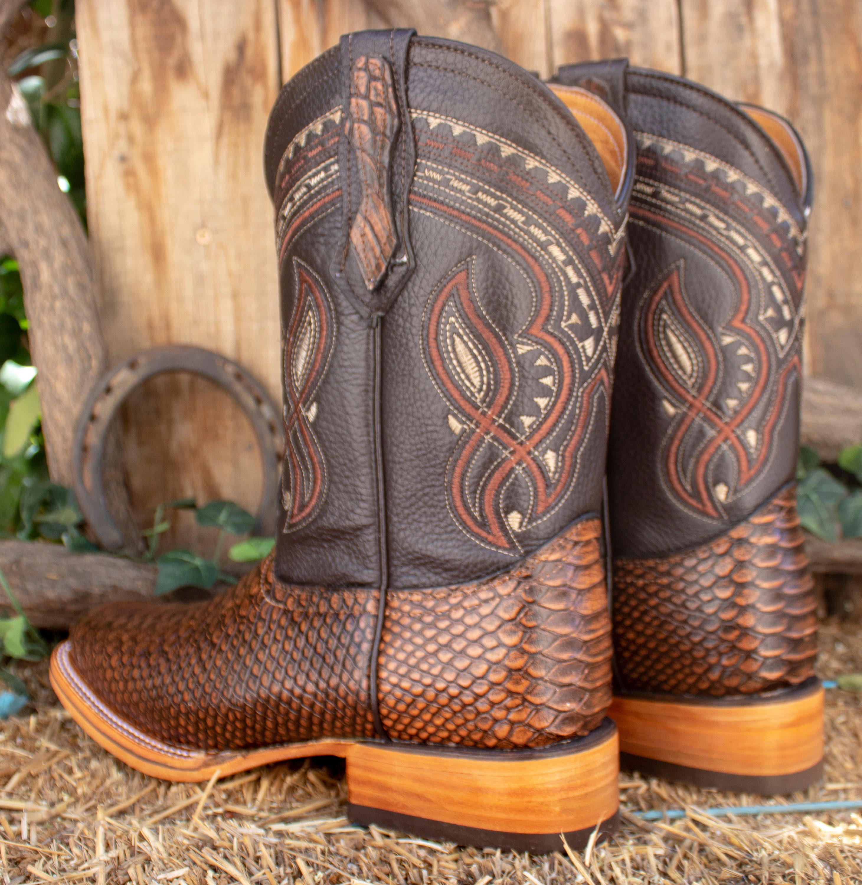 MENS Honey Brown PYTHON Snake Faux Leather Square Toe Cowboy Western ...