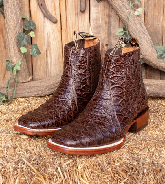 MENS LEATHER COWBOY Snake Skin Faux Square Toe Half Boots  display picture 1