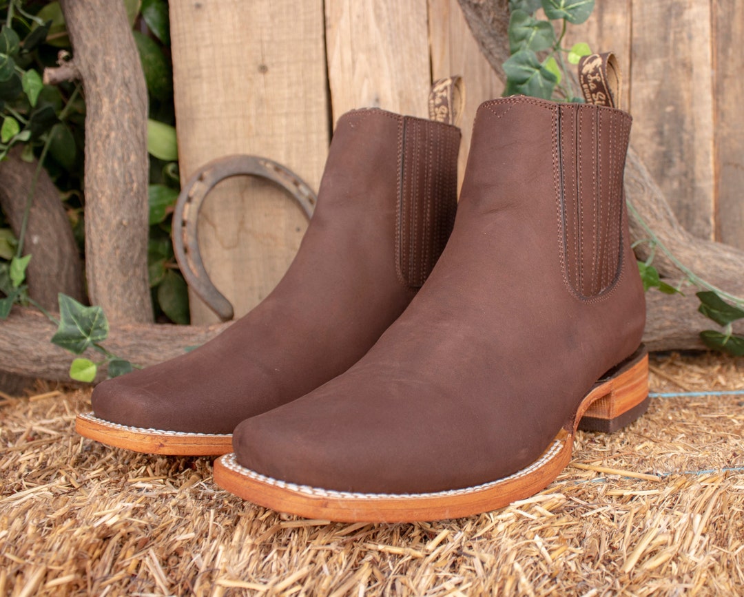 MENS LEATHER COWBOY Nobuck Rodeo Square Toe Half Boots Botines - Etsy