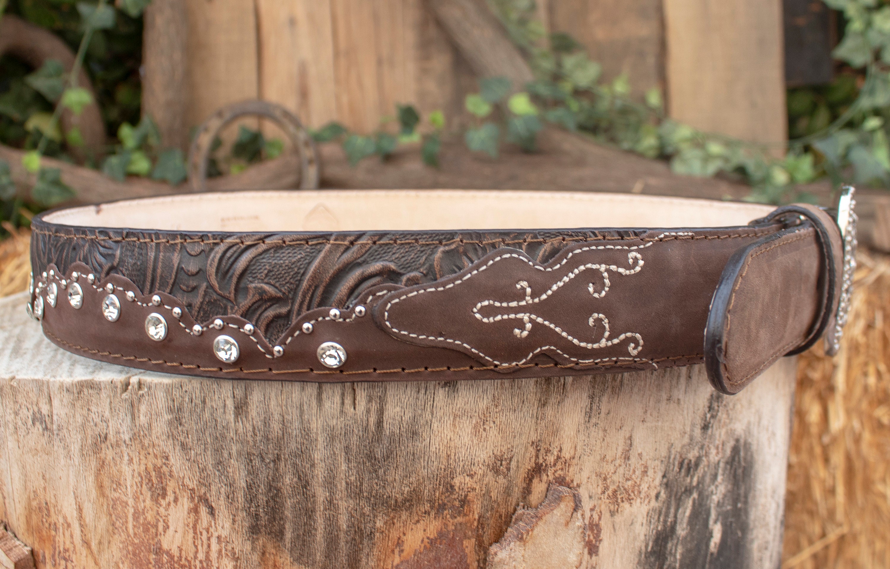 Womens HAND TOOLED LEATHER Rhinestone Western Cowgirl Cowboy  display picture 1