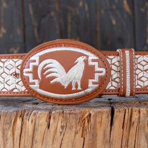 MĘSKI WESTERN LEATHER skórzany pasek haftowany kogutem