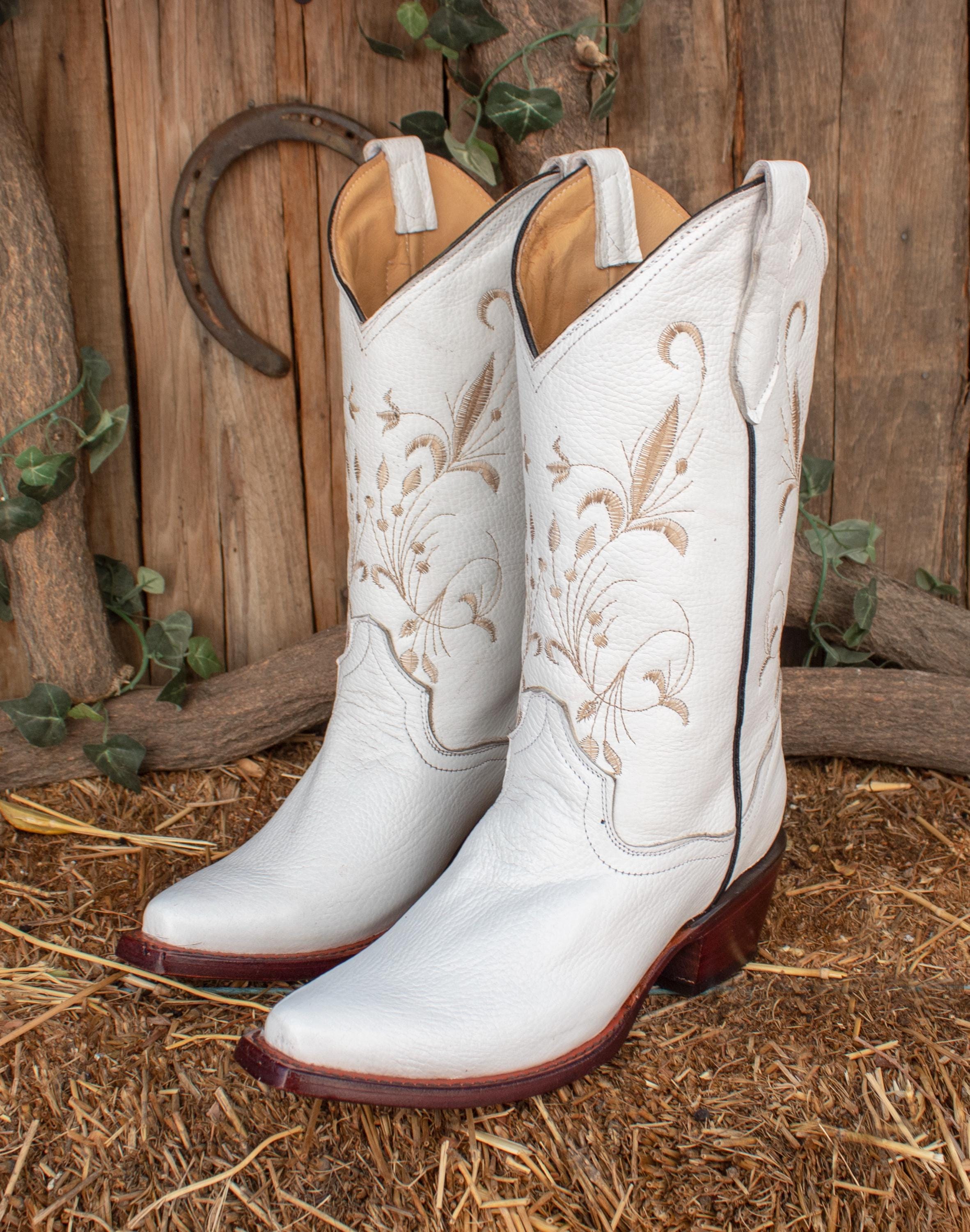 WOMENS COWGIRL Cowboy Pointed Toe Leather Embroidered WHITE 