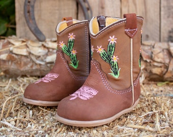 Girls BABY CACTUS Flower EMBROIDERED round toe leather cowgirl cowboy boots