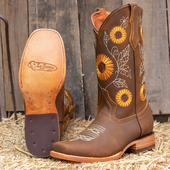WOMENS COWGIRL Cowboy Square Toe Leather Sunflower Embroidered BOOTS Etsy