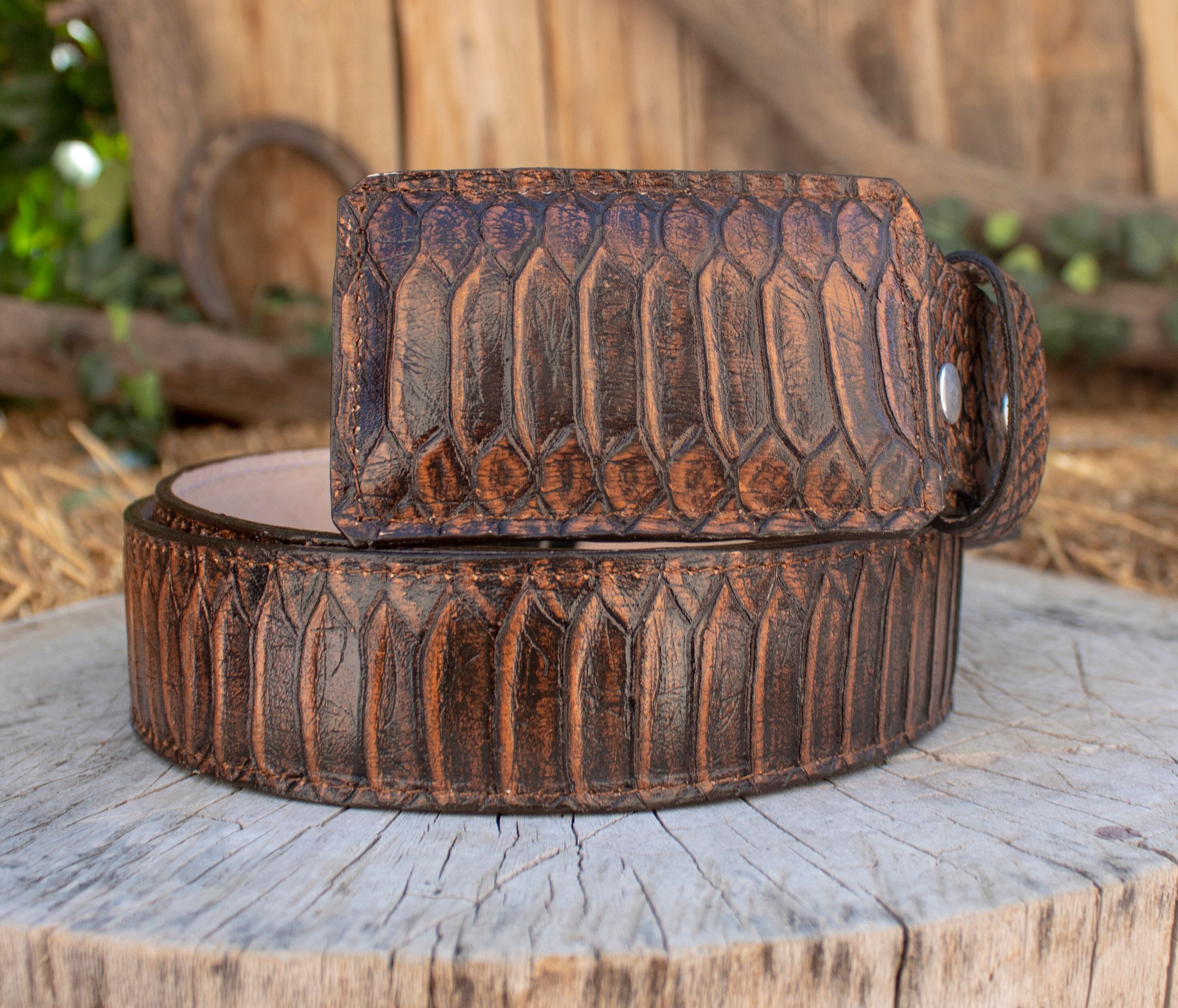 Mens SNAKE Python Faux Print LEATHER WESTERN Buckle Cowboy  display picture 2
