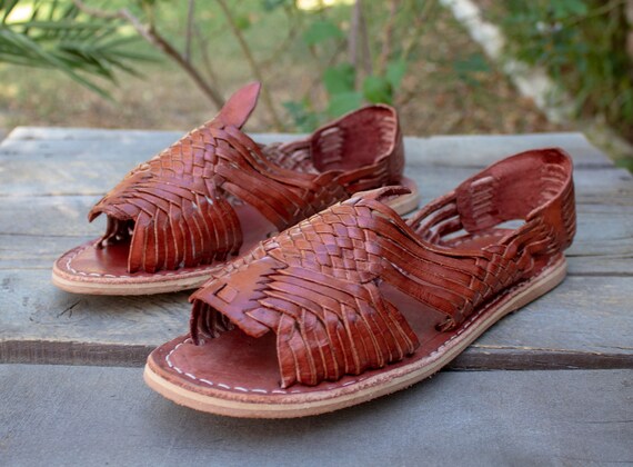 WOMENS LEATHER HUARACHES Brown Vintage Style Mexican Sandals Etsy