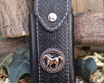 HANDCRAFTED LEATHER stamped 4 inch knife SHEATH horse plaque funda navaja