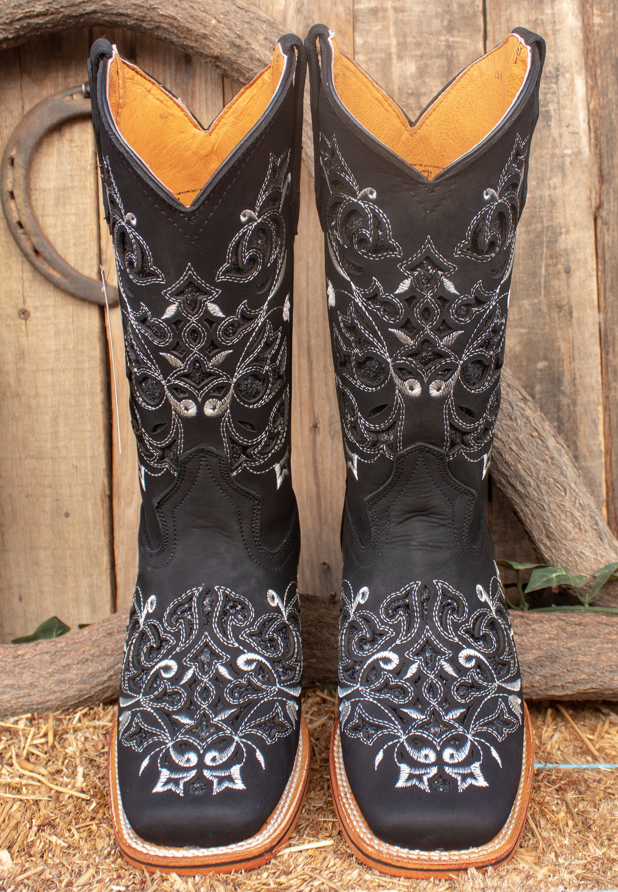 WOMENS COWGIRL Cowboy Square Toe Leather Embroidered Glitter BOOTS 
