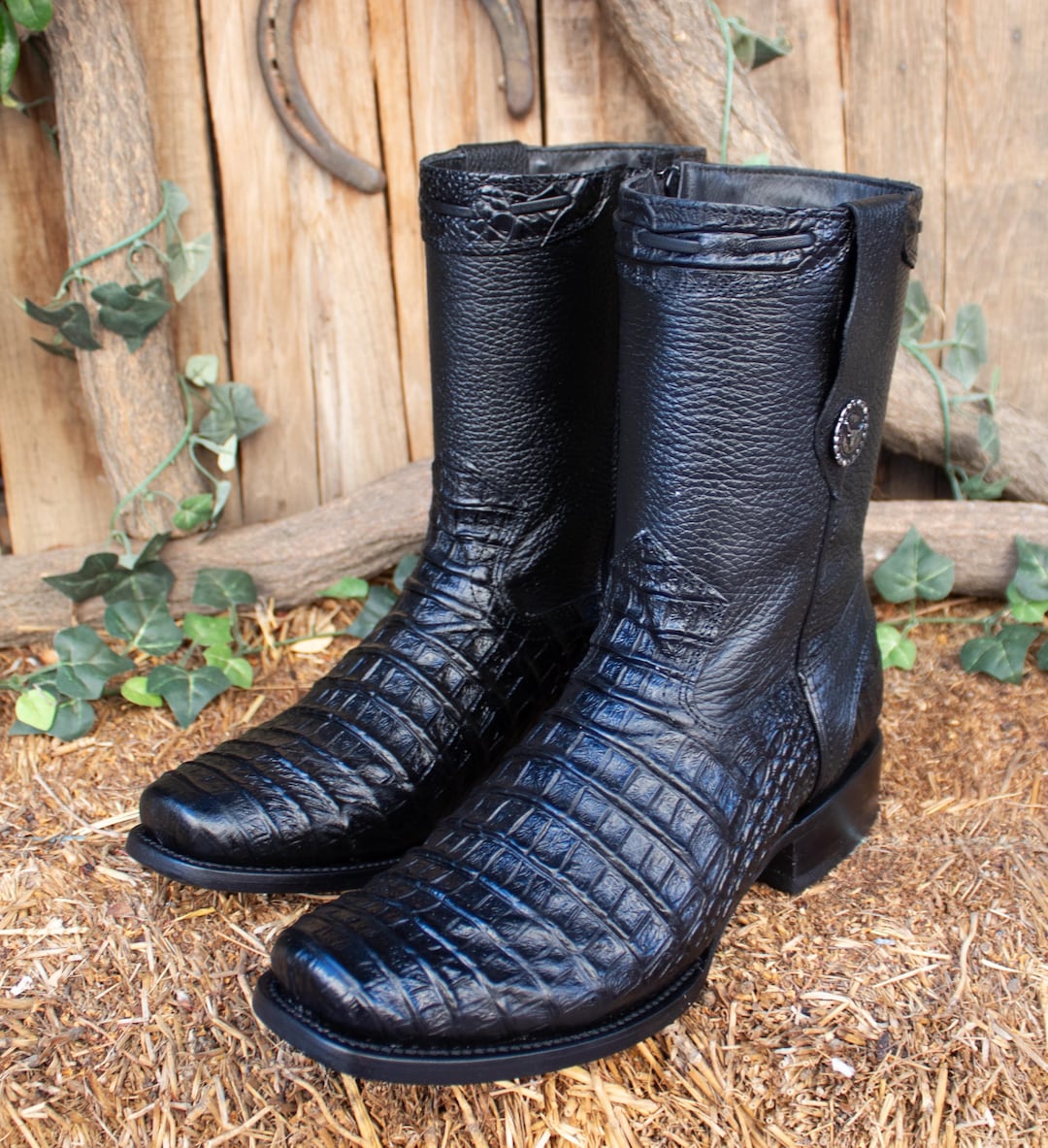 MENS CROCODILE Black Faux Alligator Cocodrilo Leather Cowboy  display picture 3