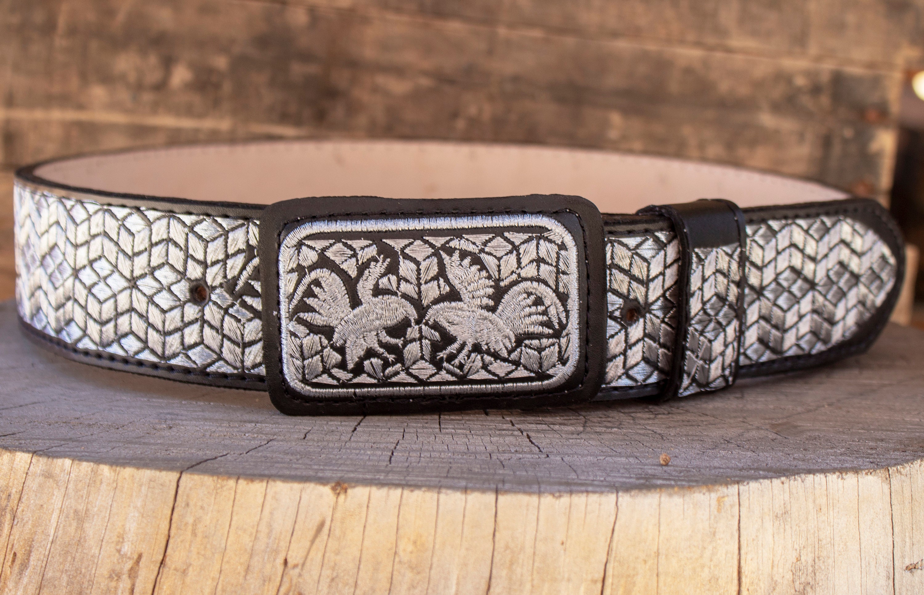 MENS WESTERN LEATHER Rooster Gallo Cockfighting Embroidered 2 Inch