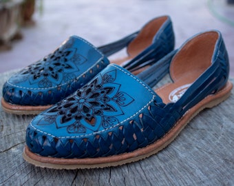 WOMENS MEXICAN SANDALS blue leather handmade shoe huarache
