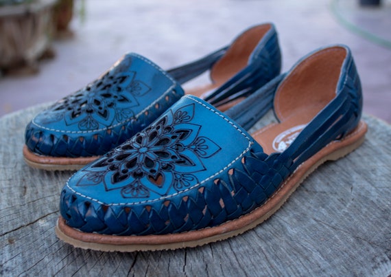 WOMENS MEXICAN SANDALS Blue Leather Handmade Shoe Huarache - Etsy