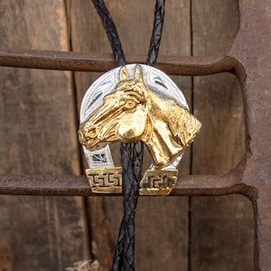WESTERN horseshoe cowboy cowgirl alpaca silver Leather BOLO TIE corbatero charro