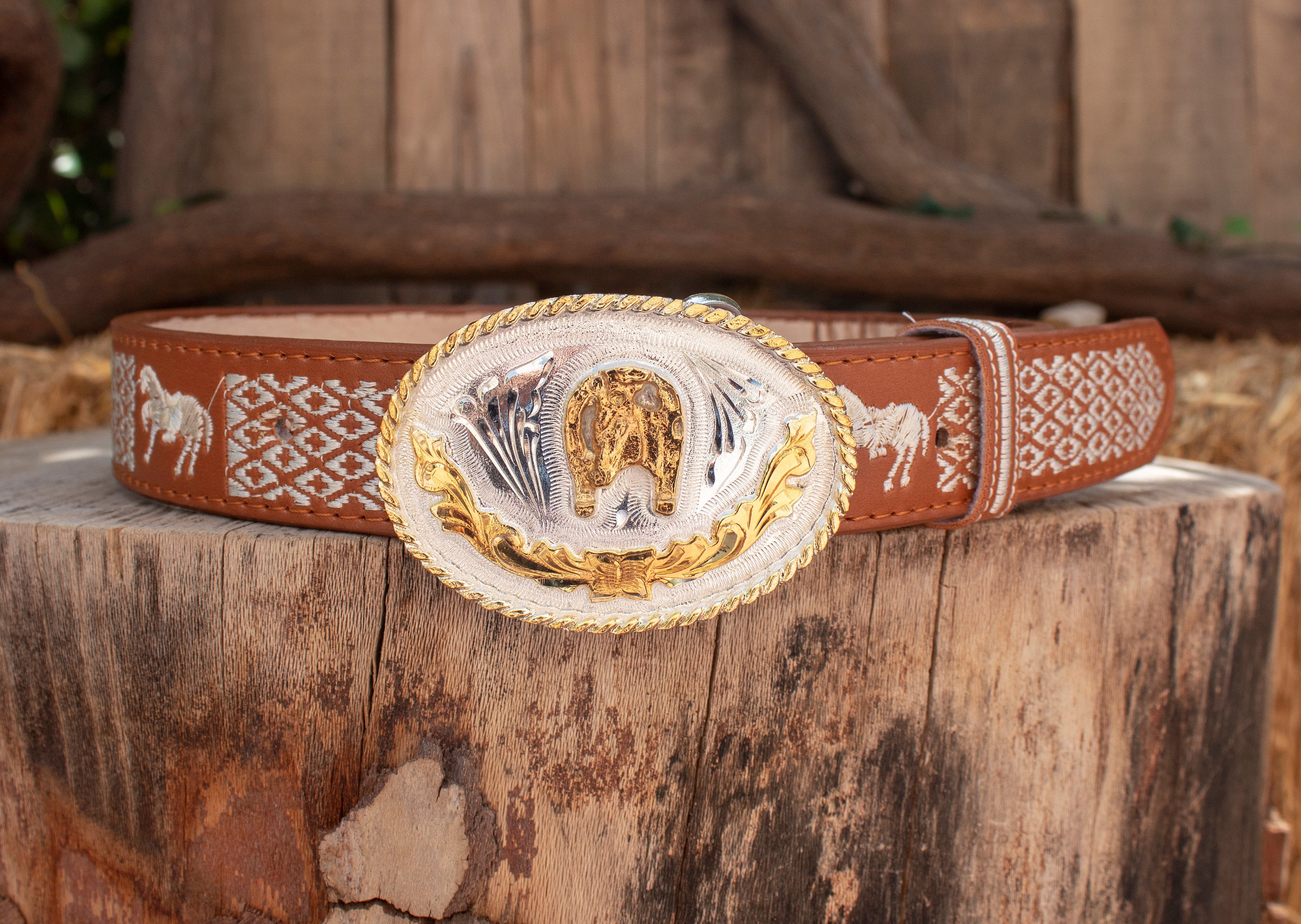 CHILDRENS boys toddler youth WESTERN Horse EMBROIDERED Charro cowboy leather belt & horseshoe buckle