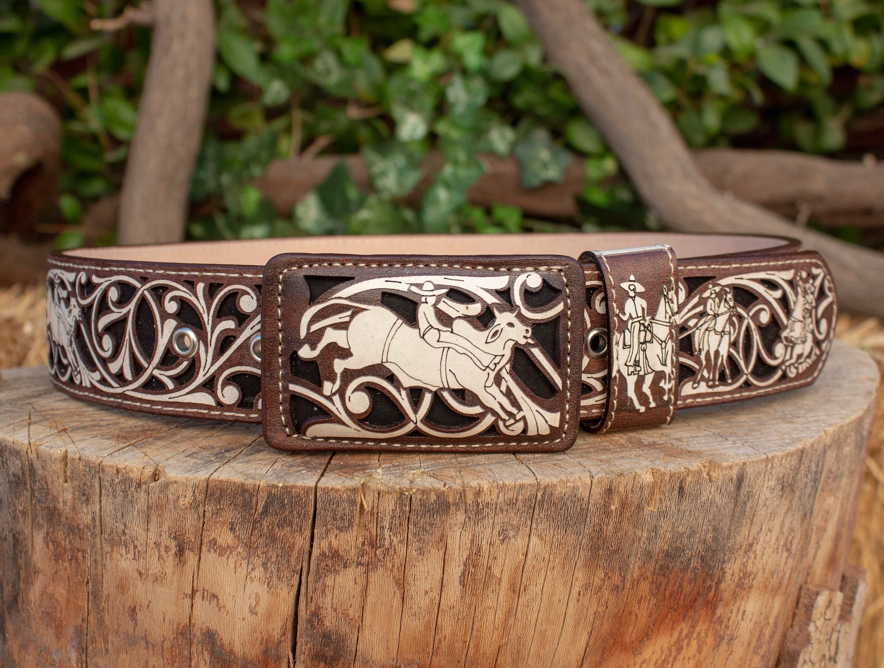 MENS WESTERN LEATHER Charro Stamped 2 Inch Width Suerte Charra