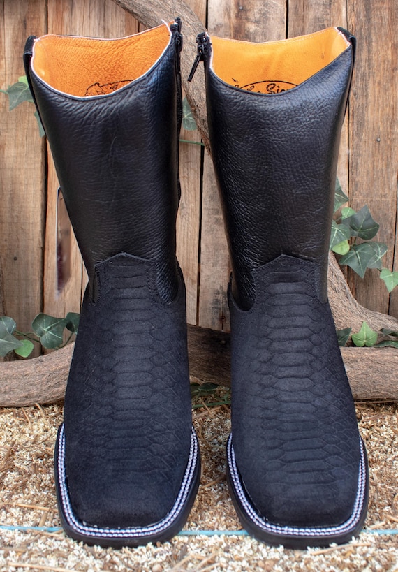 MENS Black PYTHON Snake Faux Leather Suede Square Toe Cowboy  display picture 3