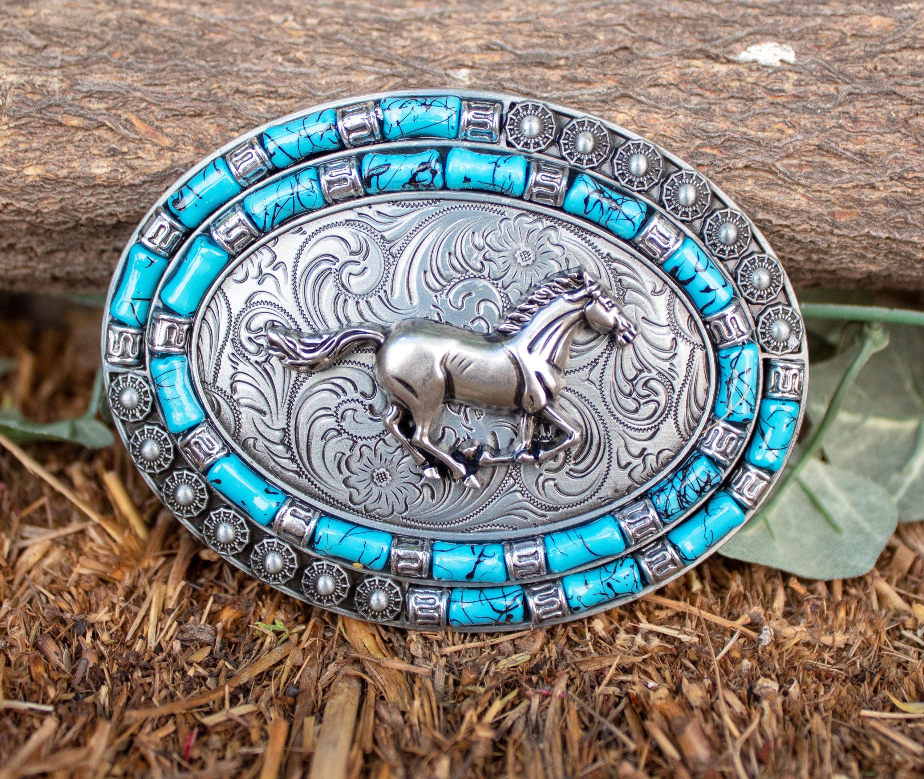 Silver and turquoise Western horse head Belt Buckle Vintage Silver & Turquoise Cowboy Horse Head & Horseshoe  main image 4