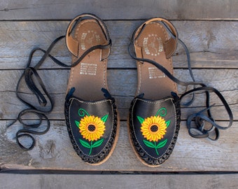 Womens LEATHER sunflower embroidered lace up flat huarache MEXICAN SANDALS