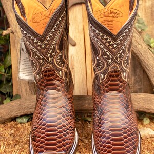 MENS Brown PYTHON Snake Faux Leather Square Toe Cowboy Western Rodeo ...
