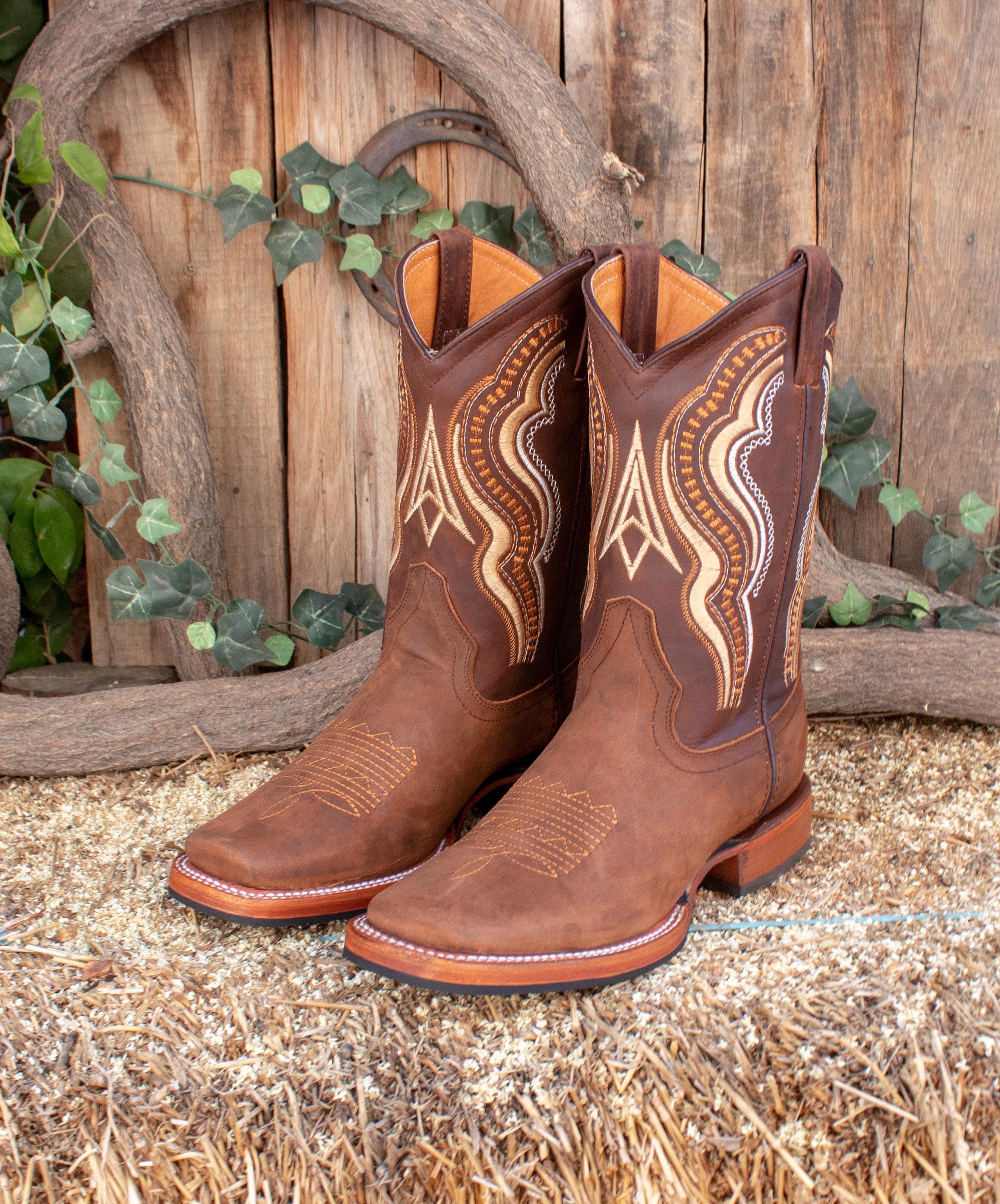 MENS brown 100% LEATHER COWBOY western rodeo square toe boots with rubber sole