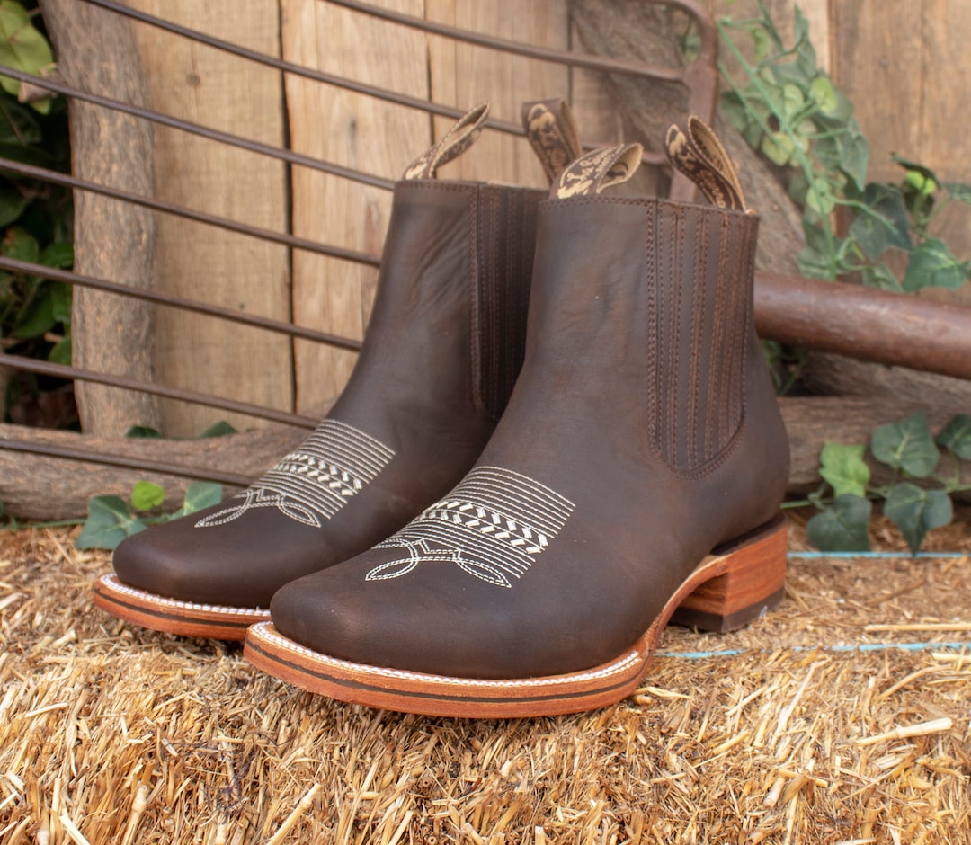 MENS LEATHER COWBOY Nobuck Rodeo Square Toe Half Boots Botines - Etsy