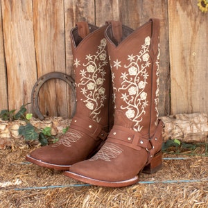 WOMENS COWGIRL cowboy square toe leather Rose embroidered BOOTS