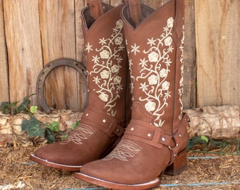 WOMENS COWGIRL cowboy square toe leather Rose embroidered BOOTS