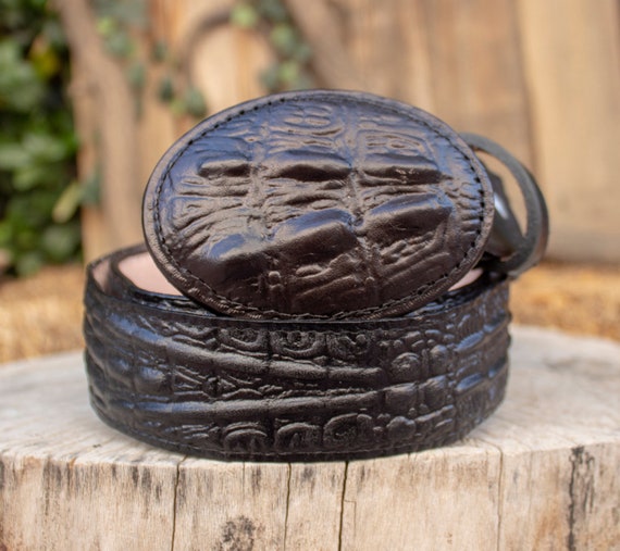 Mens Black Faux CROCODILE LEATHER WESTERN Buckle Cowboy Rodeo Belt