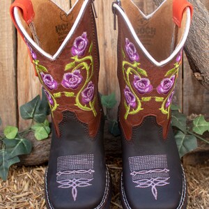 GIRLS TODDLER YOUTH Purple rose embroidered western square toe leather cowboy boots image 4