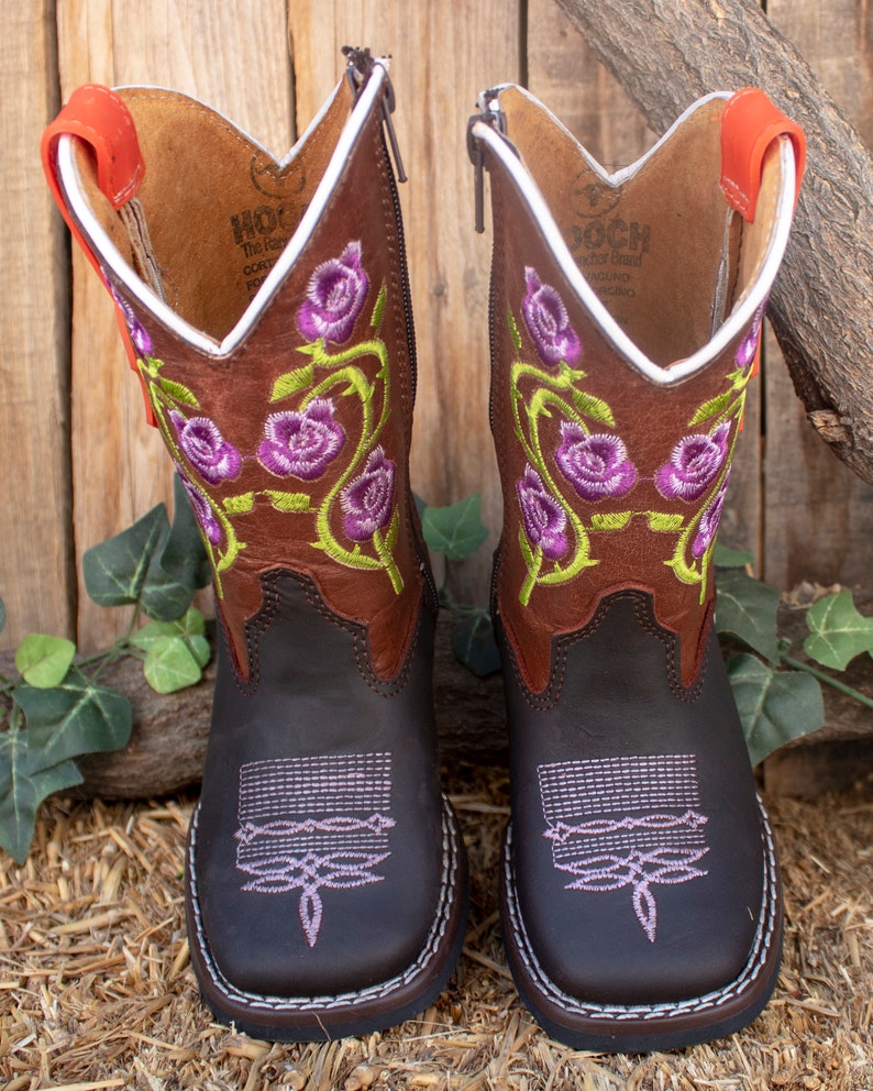 GIRLS TODDLER YOUTH Purple rose embroidered western square toe leather cowboy boots image 4